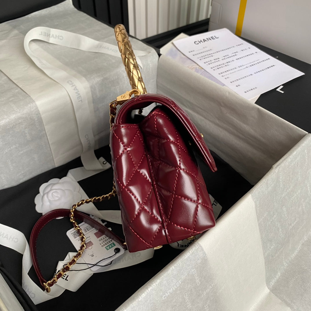 CHANEL 24A Coco Handle Small 23cm Burgundy Patent Calfskin Gold Hardware
