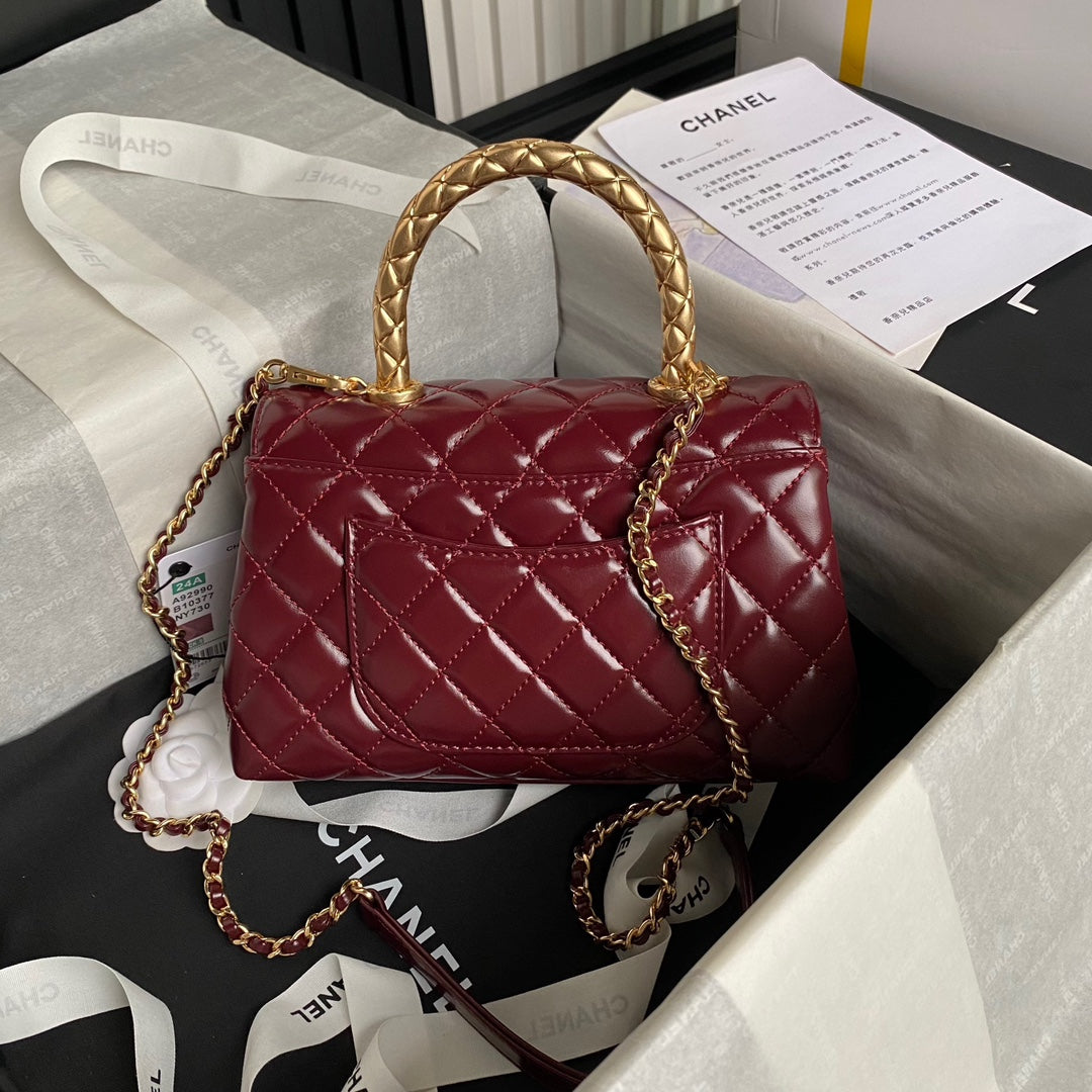 CHANEL 24A Coco Handle Small 23cm Burgundy Patent Calfskin Gold Hardware