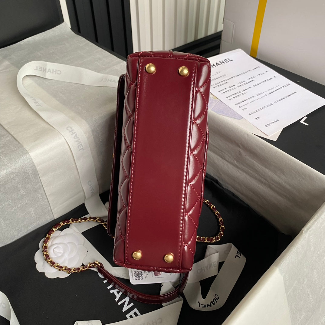 CHANEL 24A Coco Handle Small 23cm Burgundy Patent Calfskin Gold Hardware