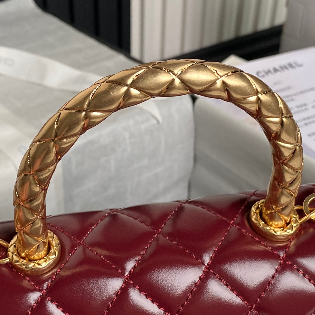 CHANEL 24A Coco Handle Small 23cm Burgundy Patent Calfskin Gold Hardware