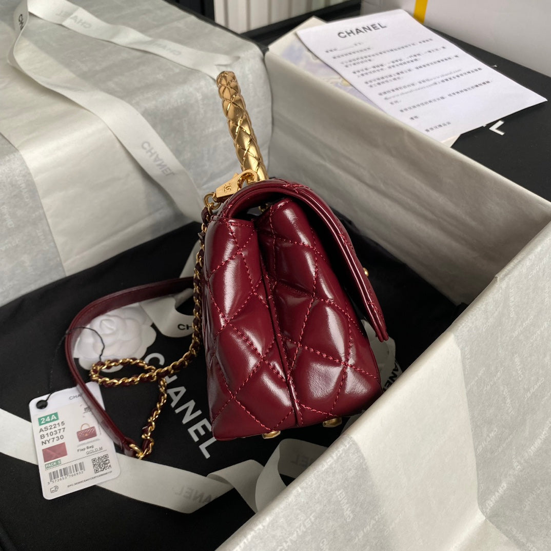 CHANEL 24A Coco Handle Mini 19cm Burgundy Patent Calfskin Gold Hardware