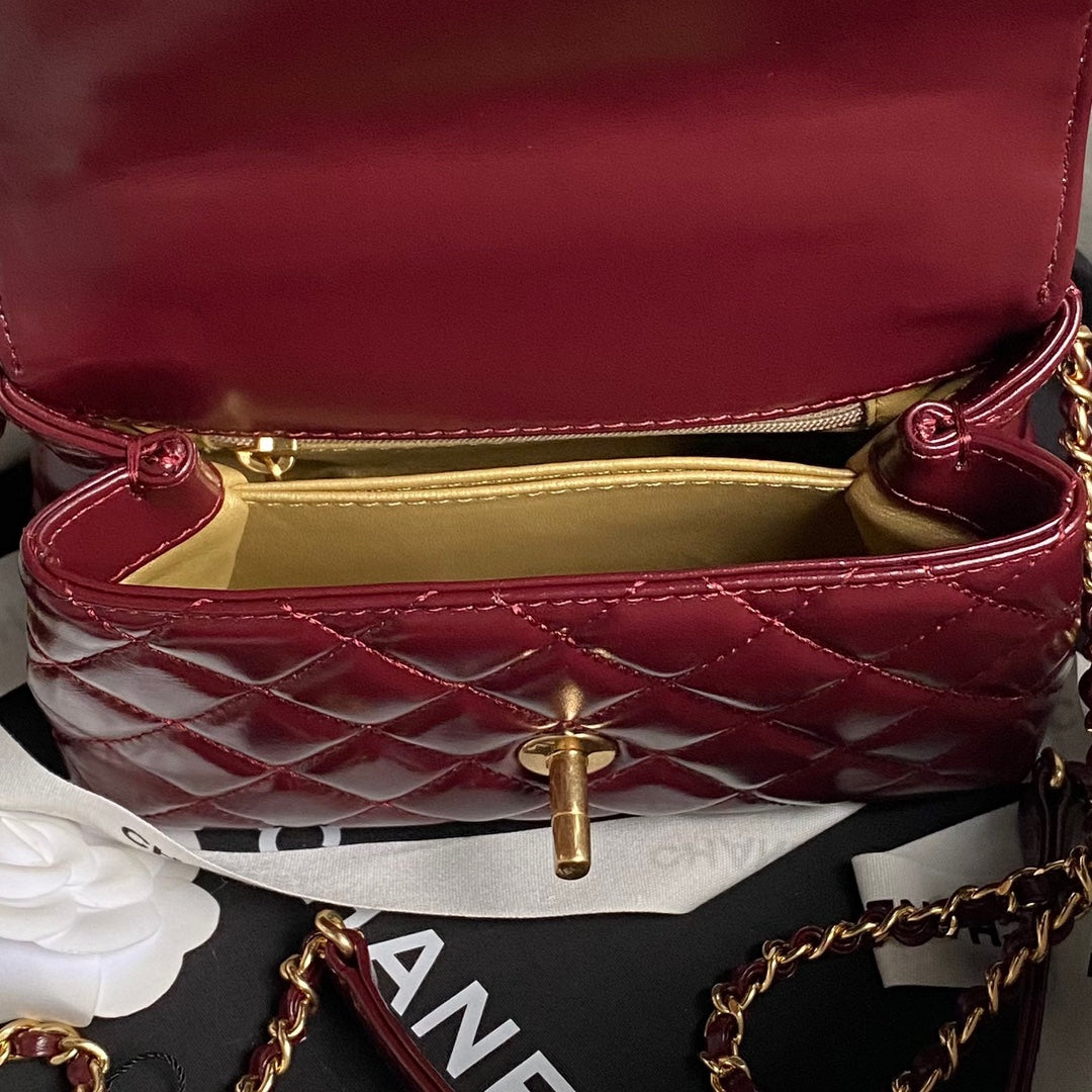 CHANEL 24A Coco Handle Mini 19cm Burgundy Patent Calfskin Gold Hardware