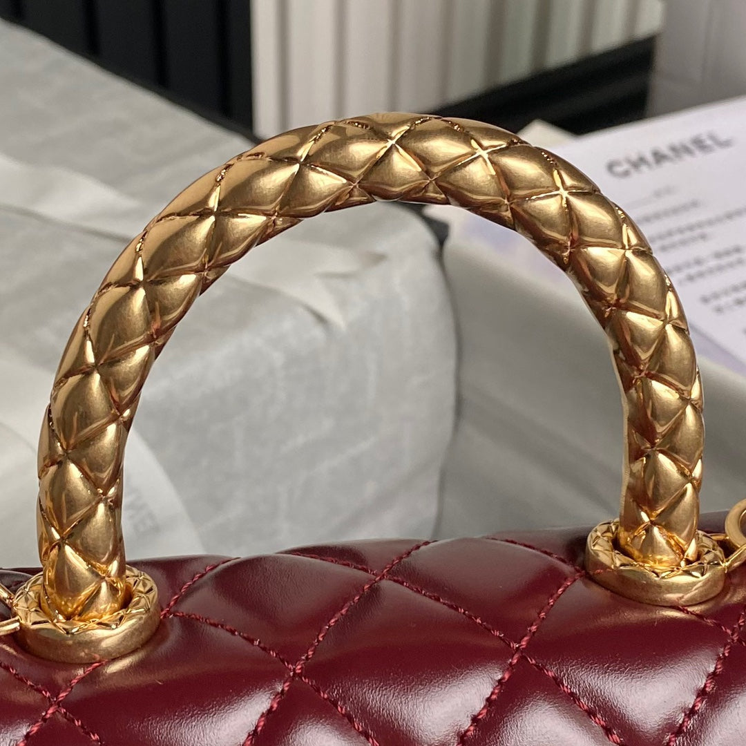 CHANEL 24A Coco Handle Mini 19cm Burgundy Patent Calfskin Gold Hardware