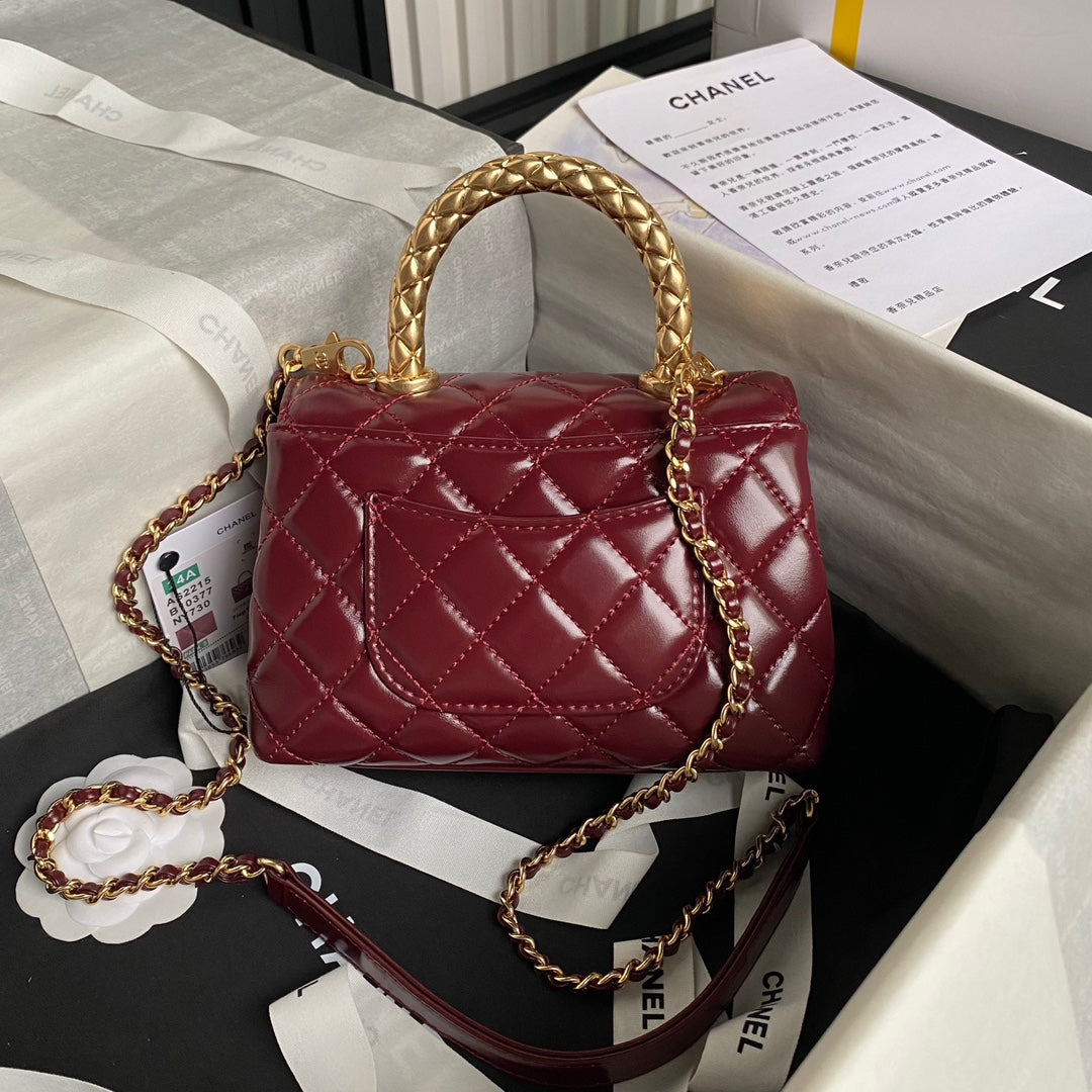 CHANEL 24A Coco Handle Mini 19cm Burgundy Patent Calfskin Gold Hardware