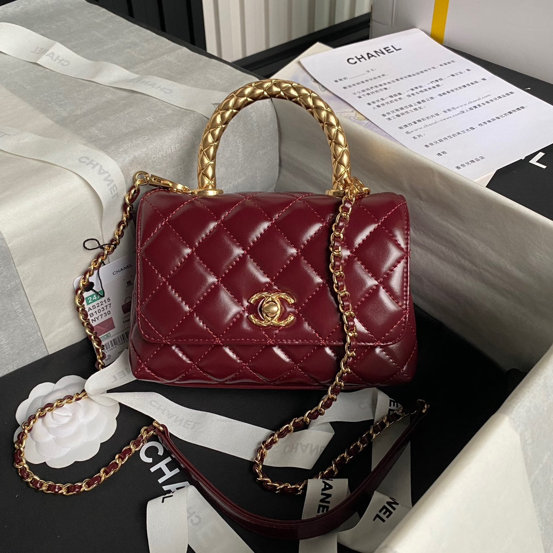 CHANEL 24A Coco Handle Mini 19cm Burgundy Patent Calfskin Gold Hardware
