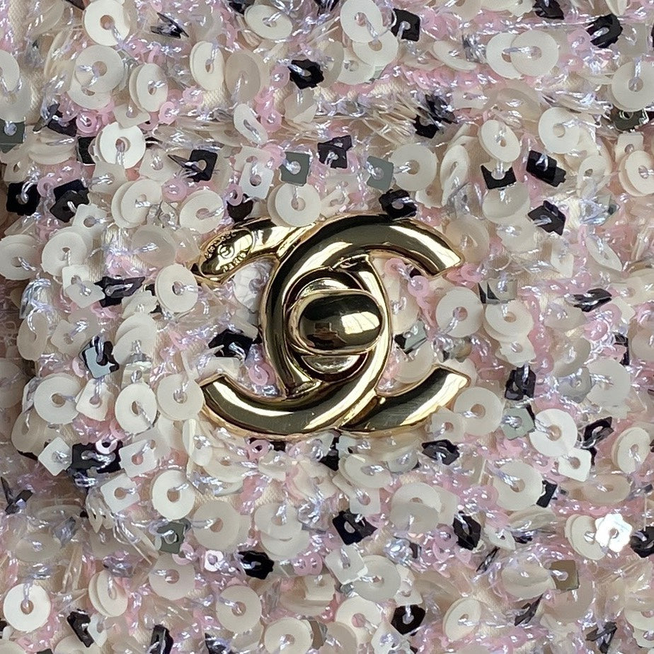 CHANEL 24K Flap Bag 20cm Pink White Sequin Beige Lambskin