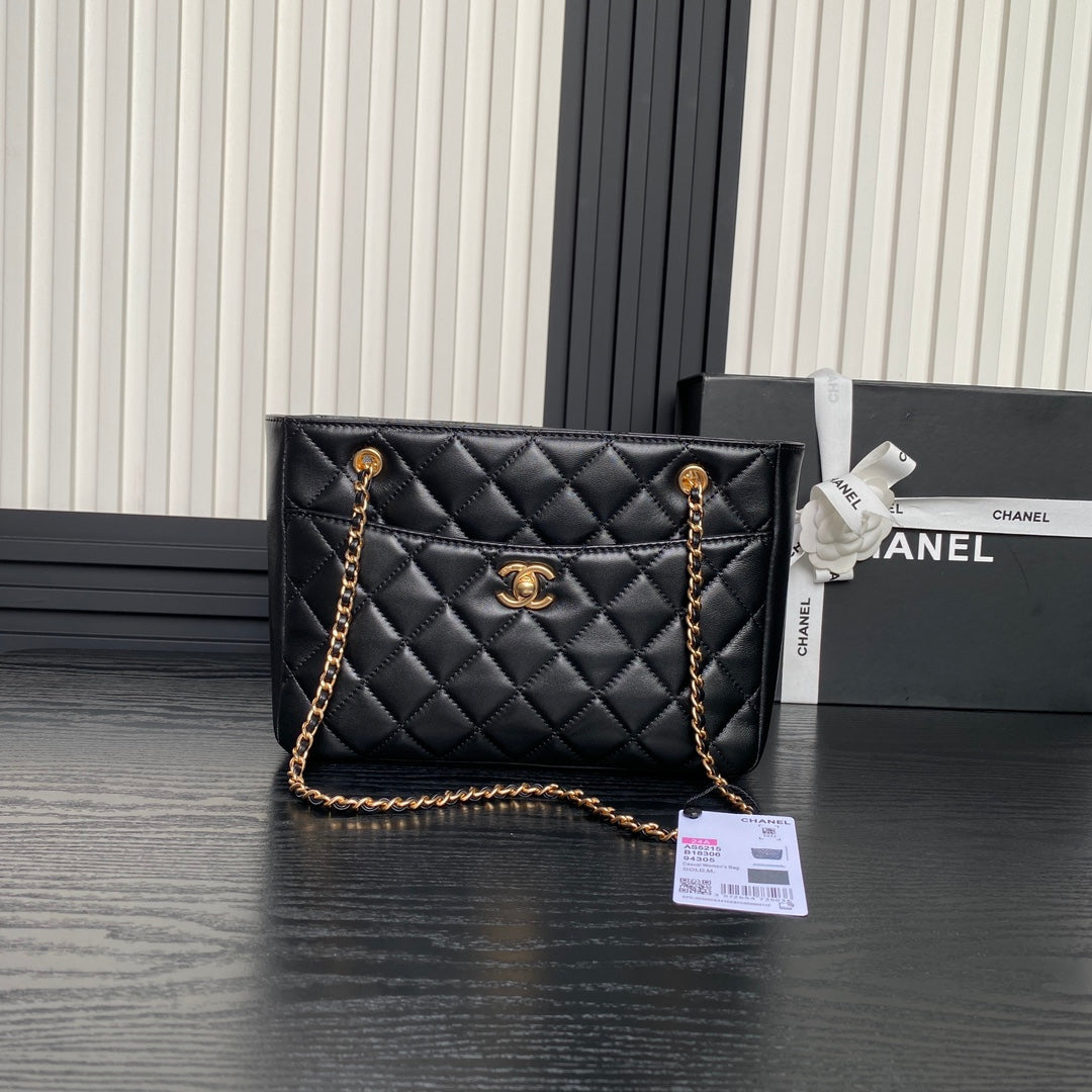 CHANEL 24K Shopping Bag 28cm Black Calfskin Gold Hardware