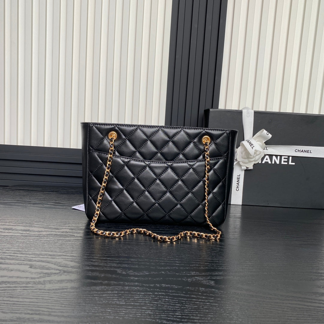 CHANEL 24K Shopping Bag 28cm Black Calfskin Gold Hardware