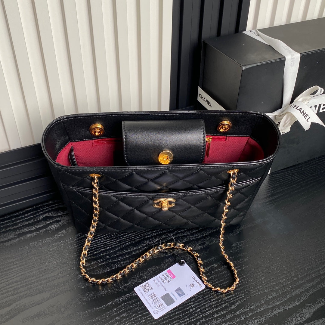 CHANEL 24K Shopping Bag 28cm Black Calfskin Gold Hardware