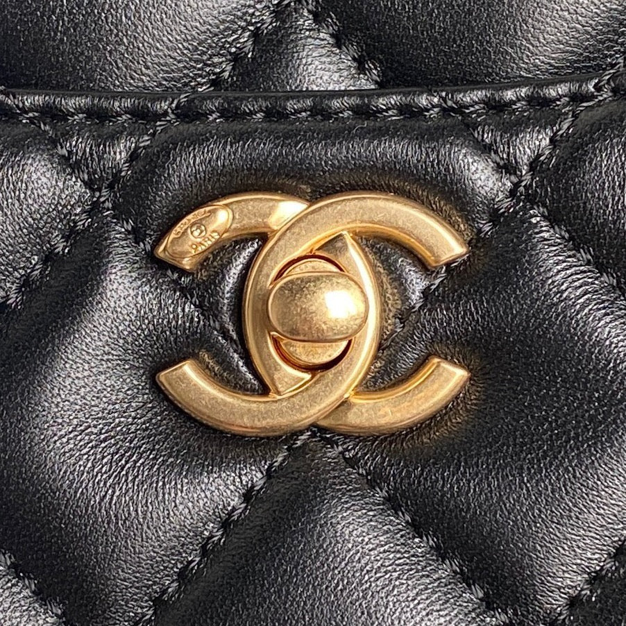 CHANEL 24K Shopping Bag 28cm Black Calfskin Gold Hardware