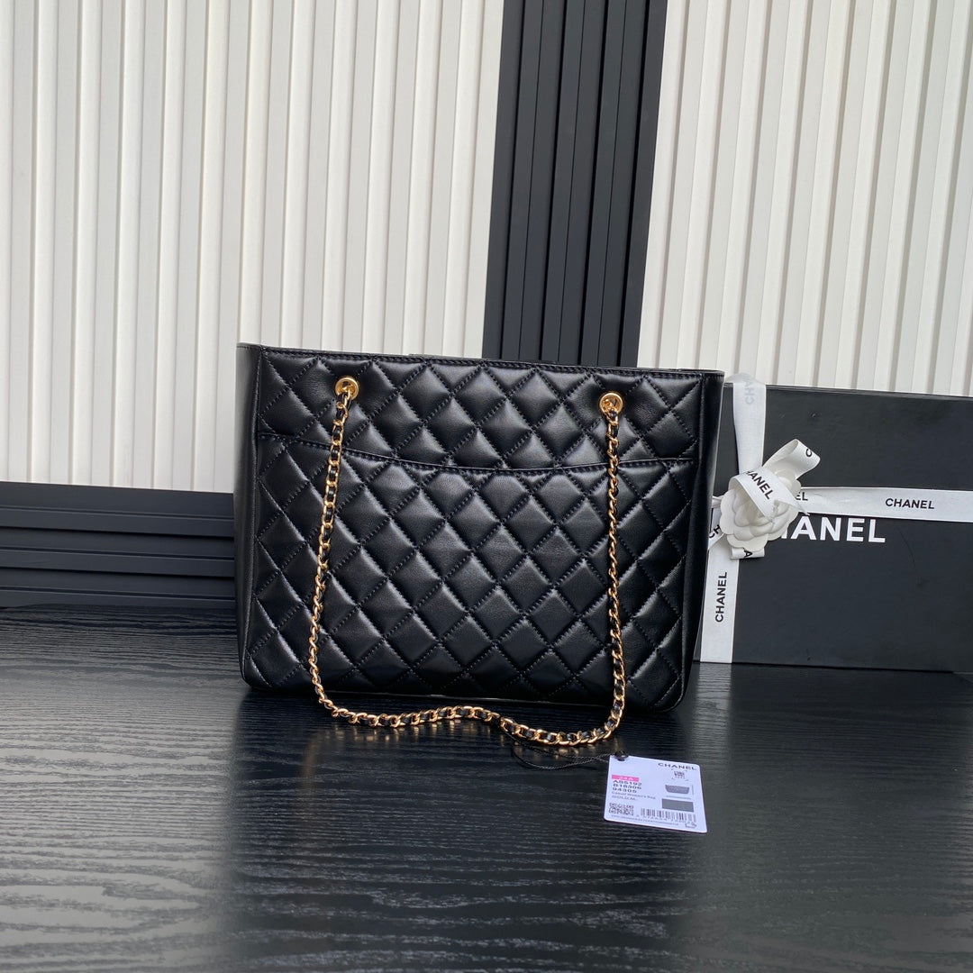CHANEL 24K Shopping Bag 32cm Black Calfskin Gold Hardware