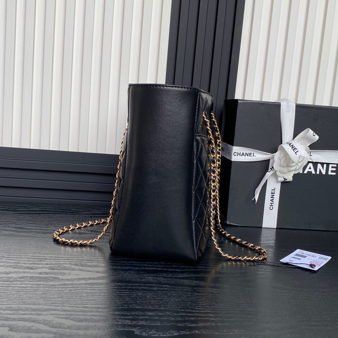 CHANEL 24K Shopping Bag 32cm Black Calfskin Gold Hardware