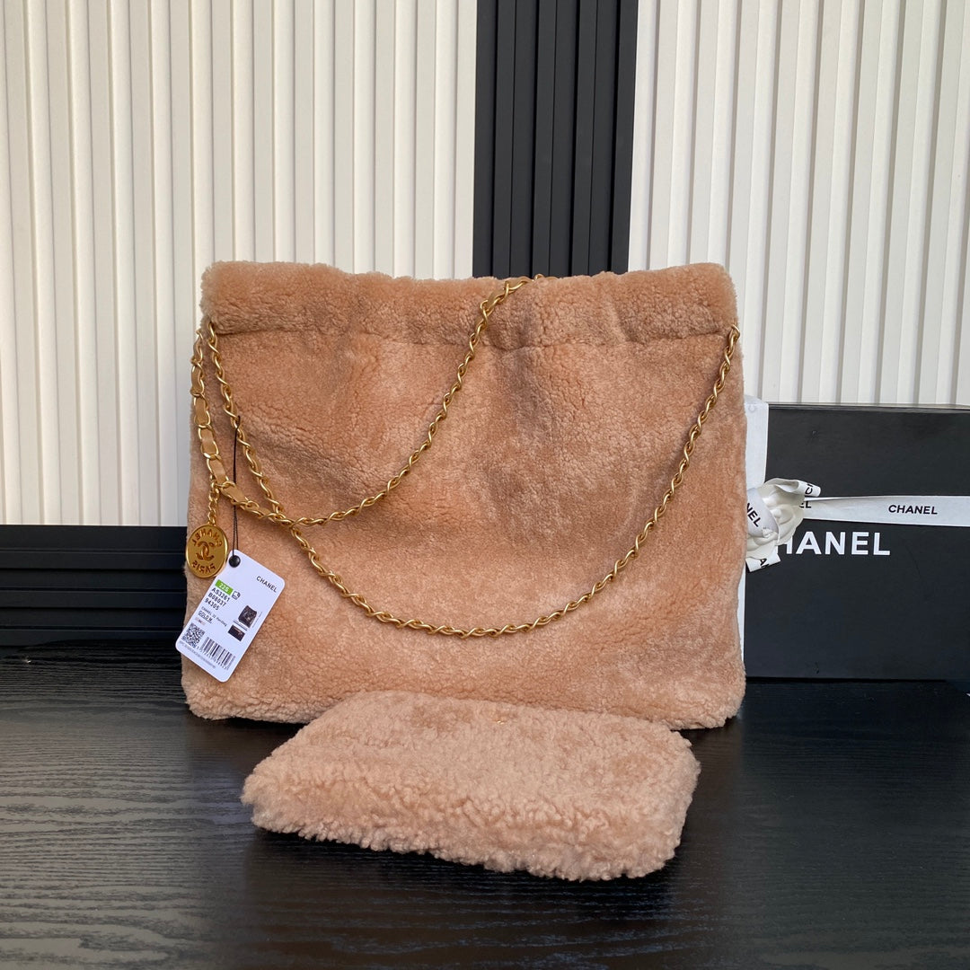 CHANEL 24K Hobo 22 Bag 39cm Brown Wool Fur