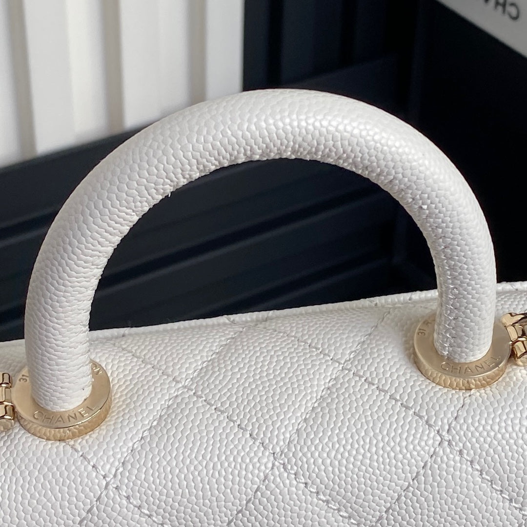 CHANEL 24K Coco Handle Nano 14.5cm White Grained Calfskin Gold Hardware