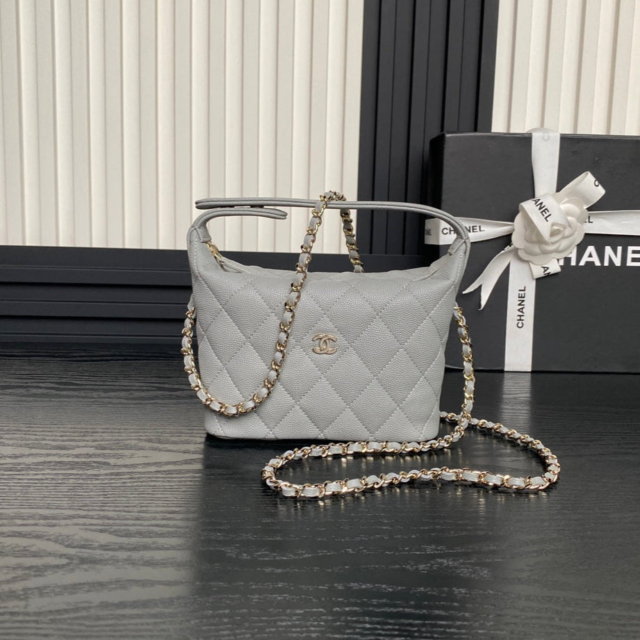 CHANEL 25C Hobo Bag 21.5cm Top Handle Grey Grained Calfskin