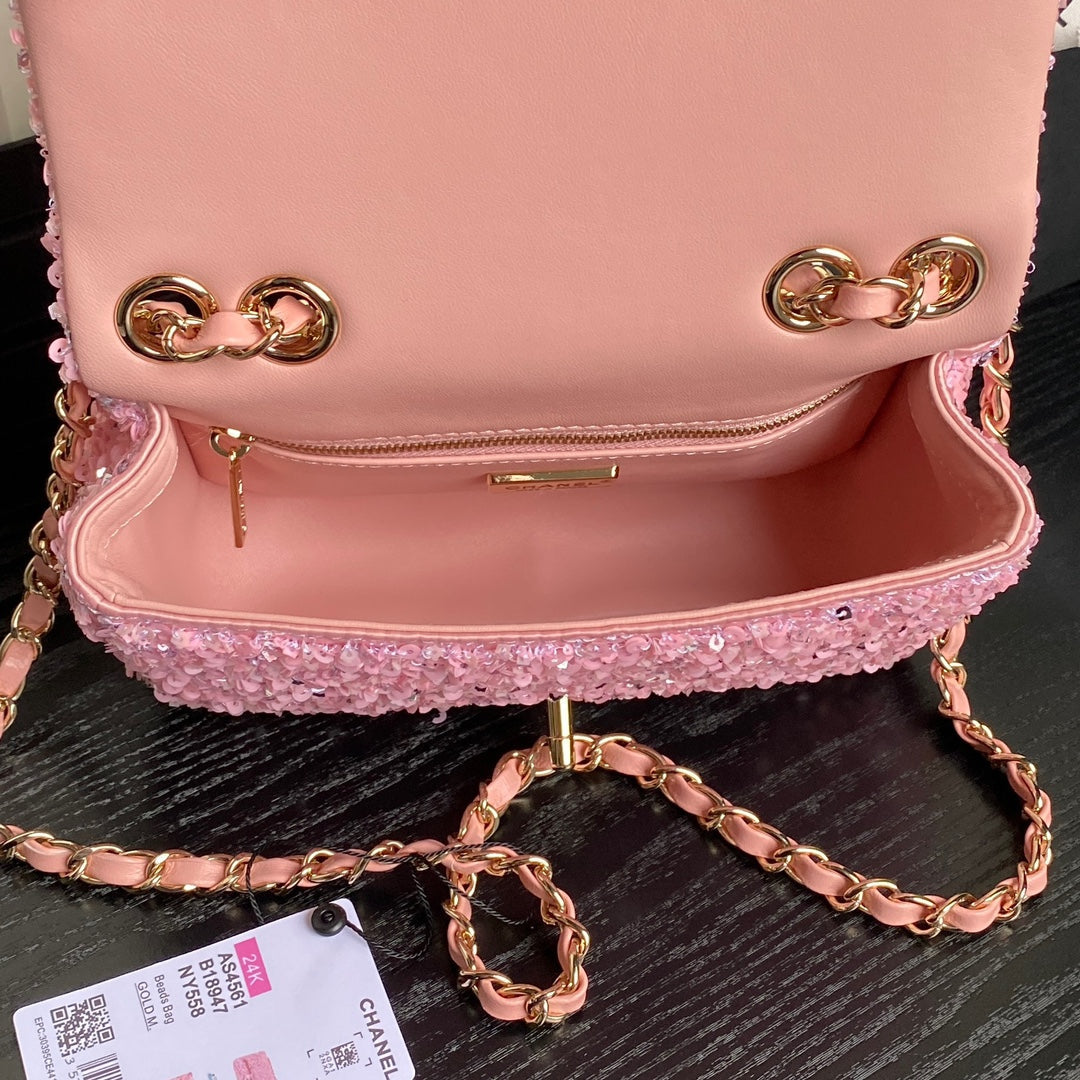 CHANEL 24K Flap Bag 20cm Pink Sequin