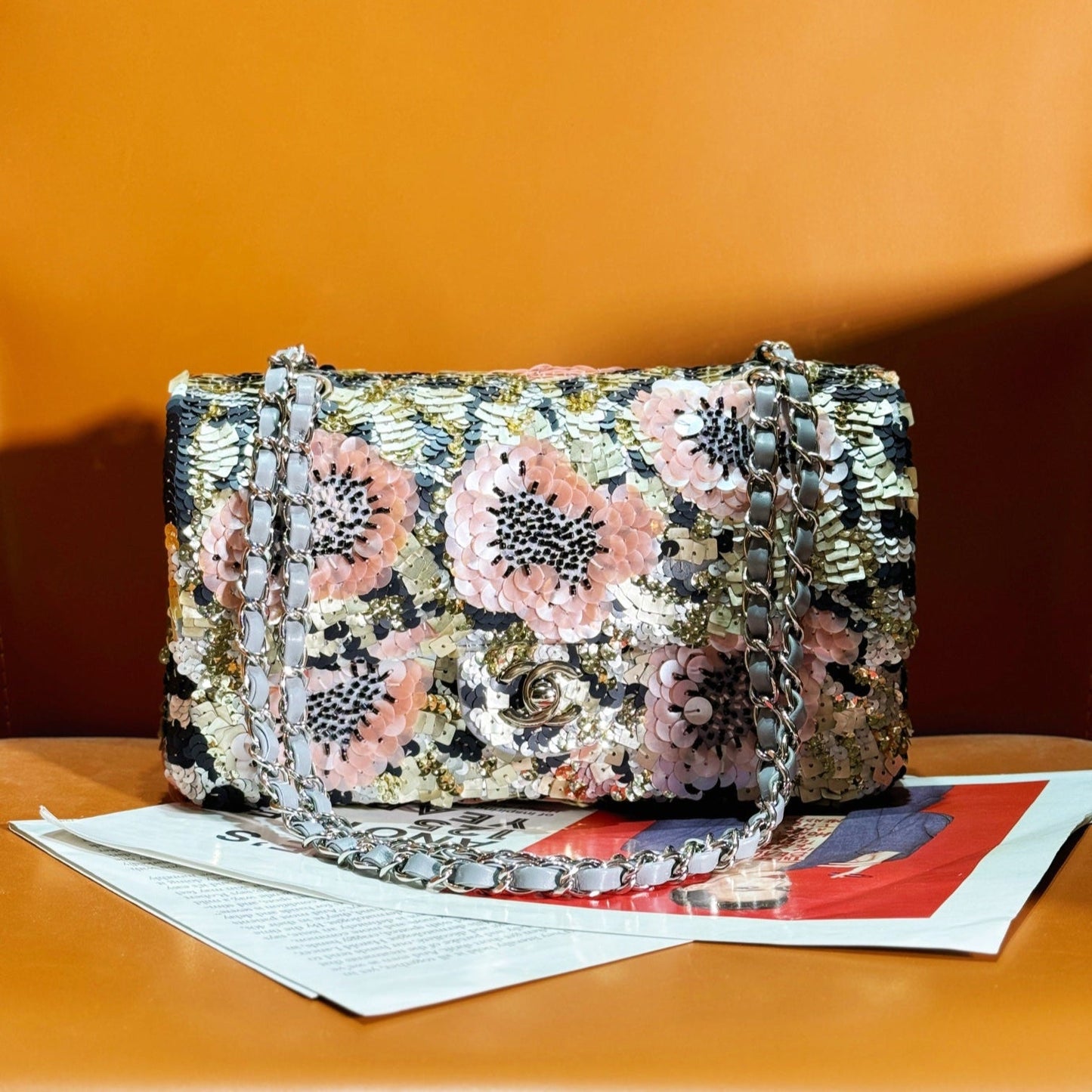 CHANEL 24S Flap Bag 25.5cm Multicolor Sequin Pink Flower Pearl Caflskin