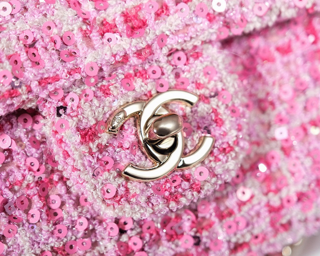 CHANEL 24S Flap Bag 20cm Pink White Sequin Calfskin