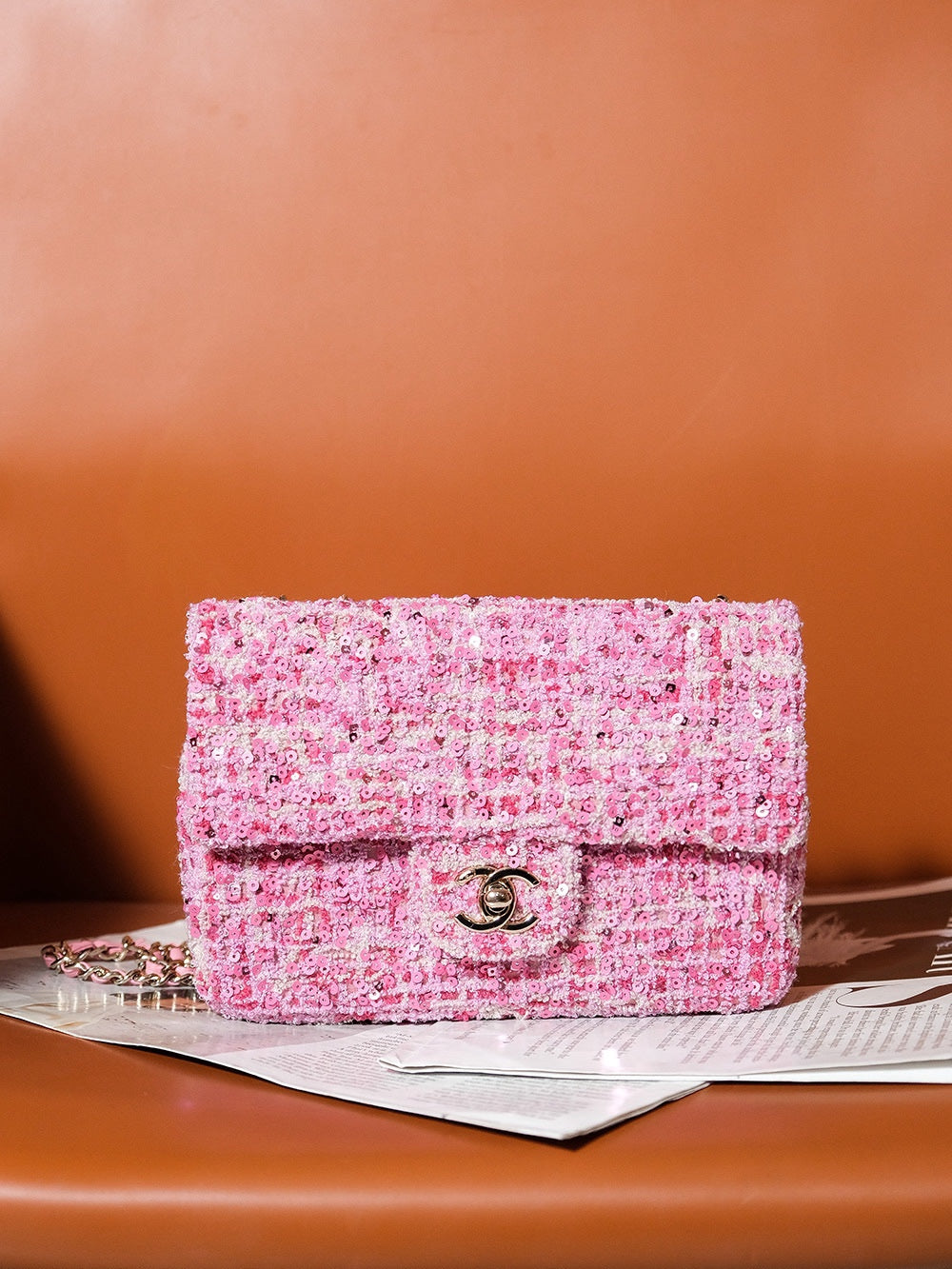 CHANEL 24S Flap Bag 20cm Pink White Sequin Calfskin