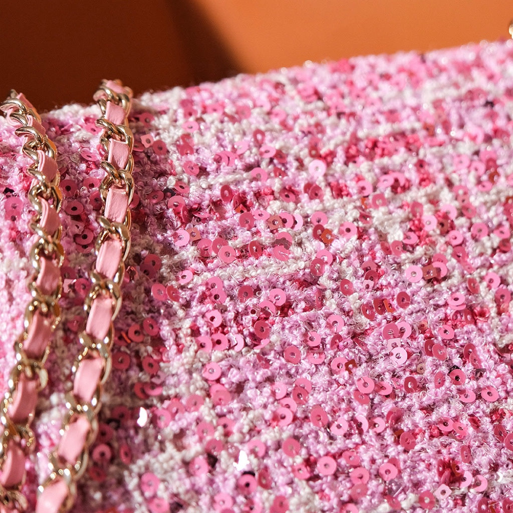 CHANEL 24S Flap Bag 20cm Pink White Sequin Calfskin