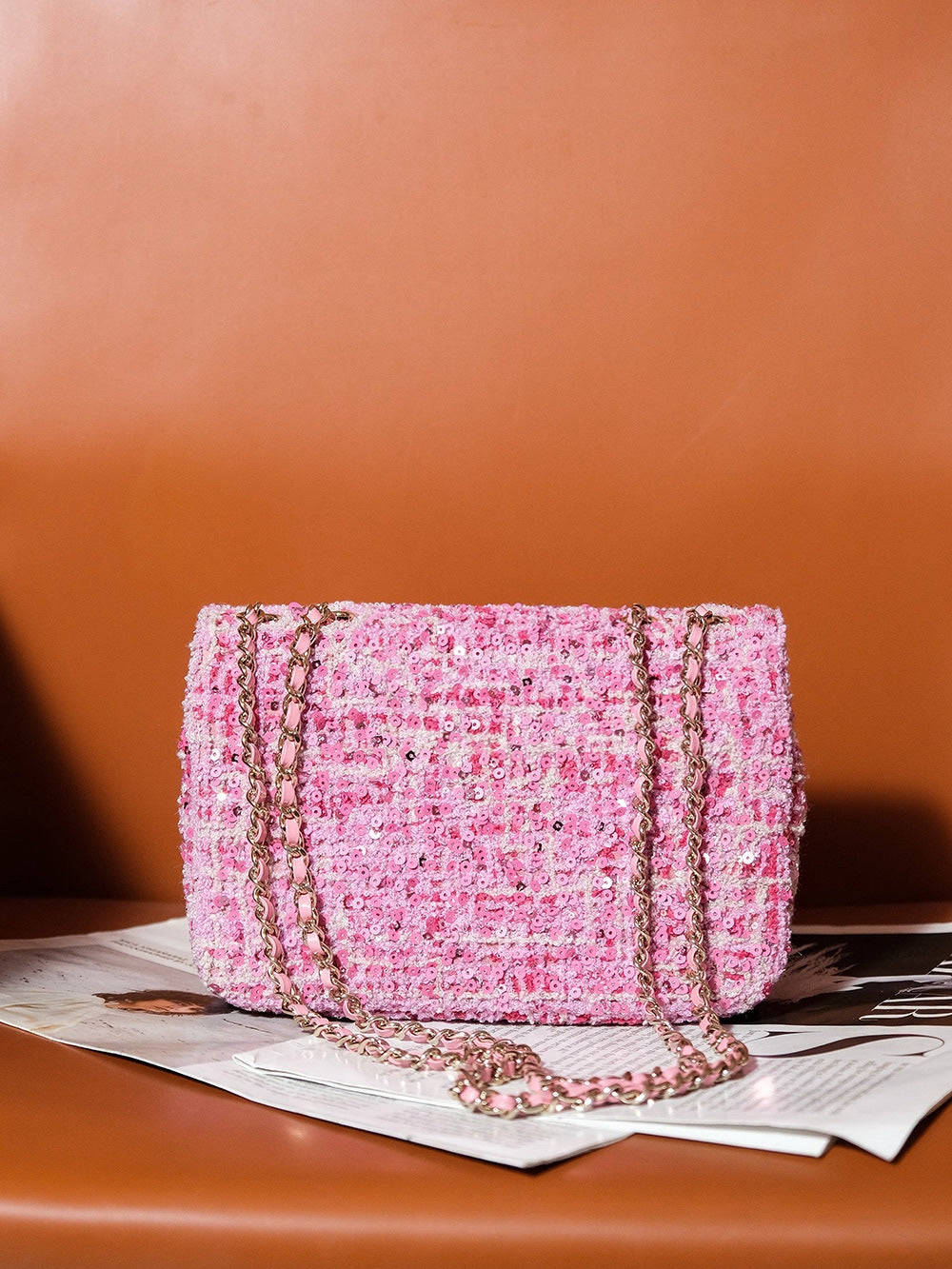 CHANEL 24S Flap Bag 20cm Pink White Sequin Calfskin