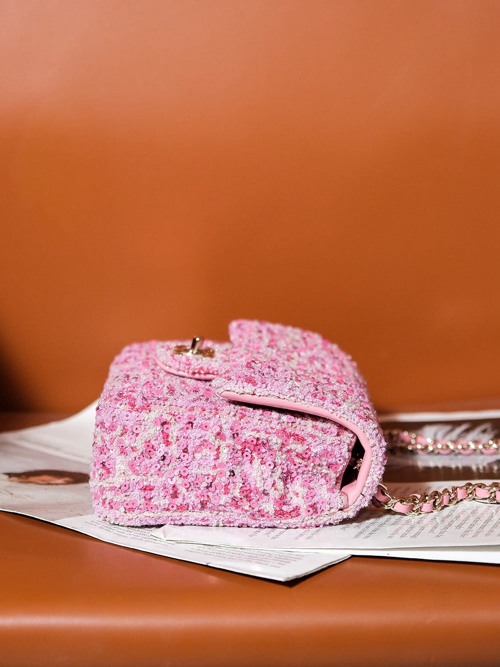 CHANEL 24S Flap Bag 20cm Pink White Sequin Calfskin