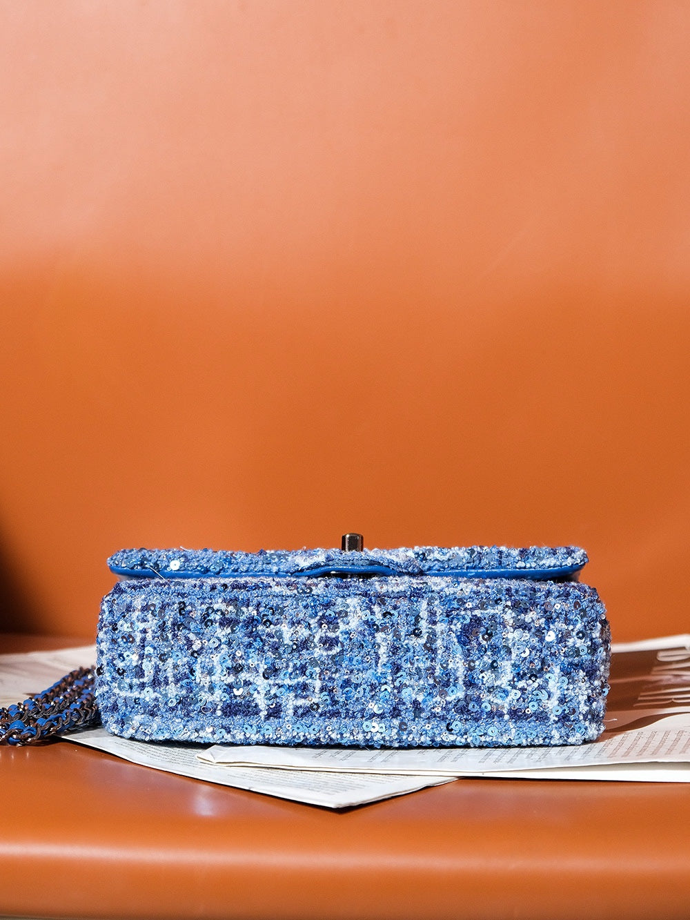 CHANEL 24S Flap Bag 20cm Blue White Sequin Calfskin