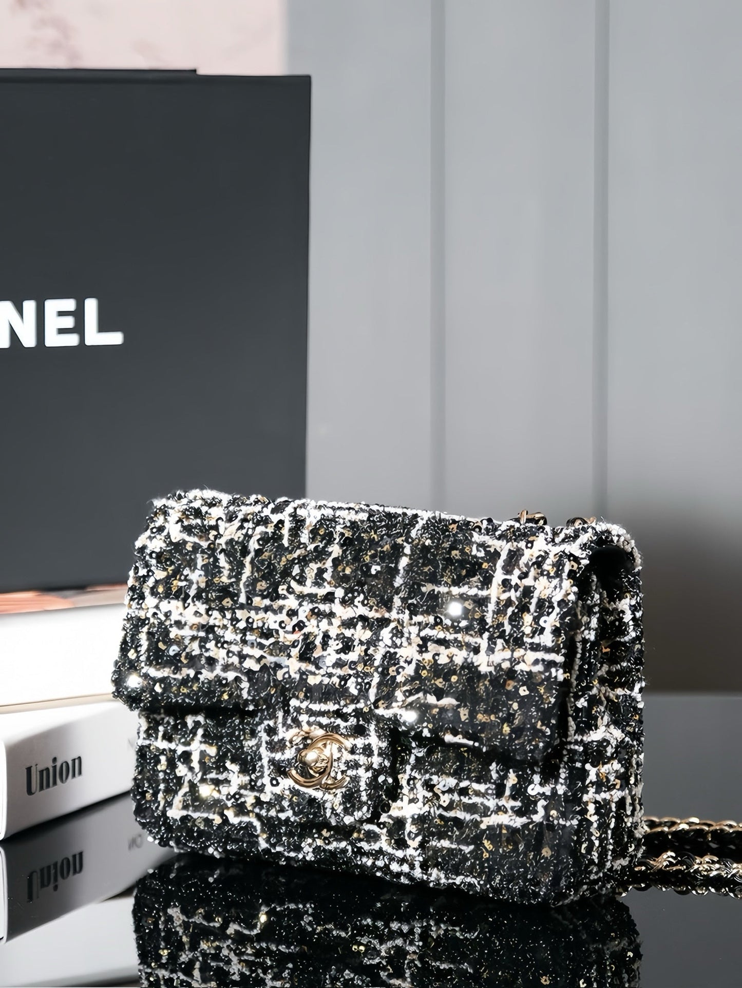 CHANEL 24S Flap Bag 20cm Black White Sequin Calfskin