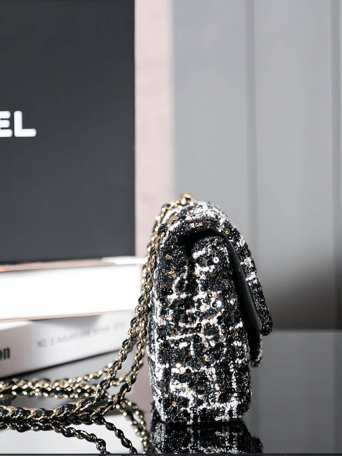 CHANEL 24S Flap Bag 20cm Black White Sequin Calfskin