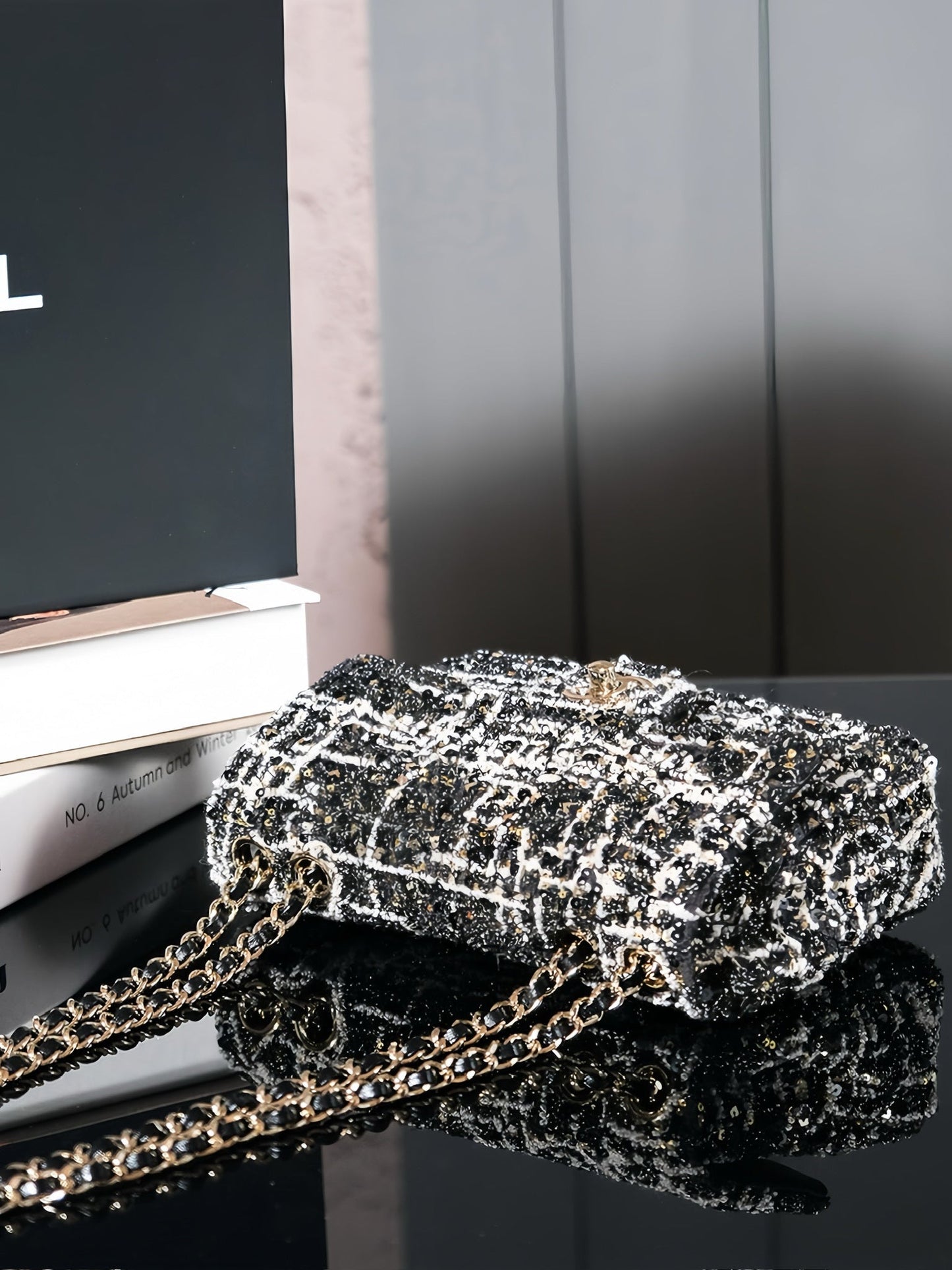 CHANEL 24S Flap Bag 20cm Black White Sequin Calfskin