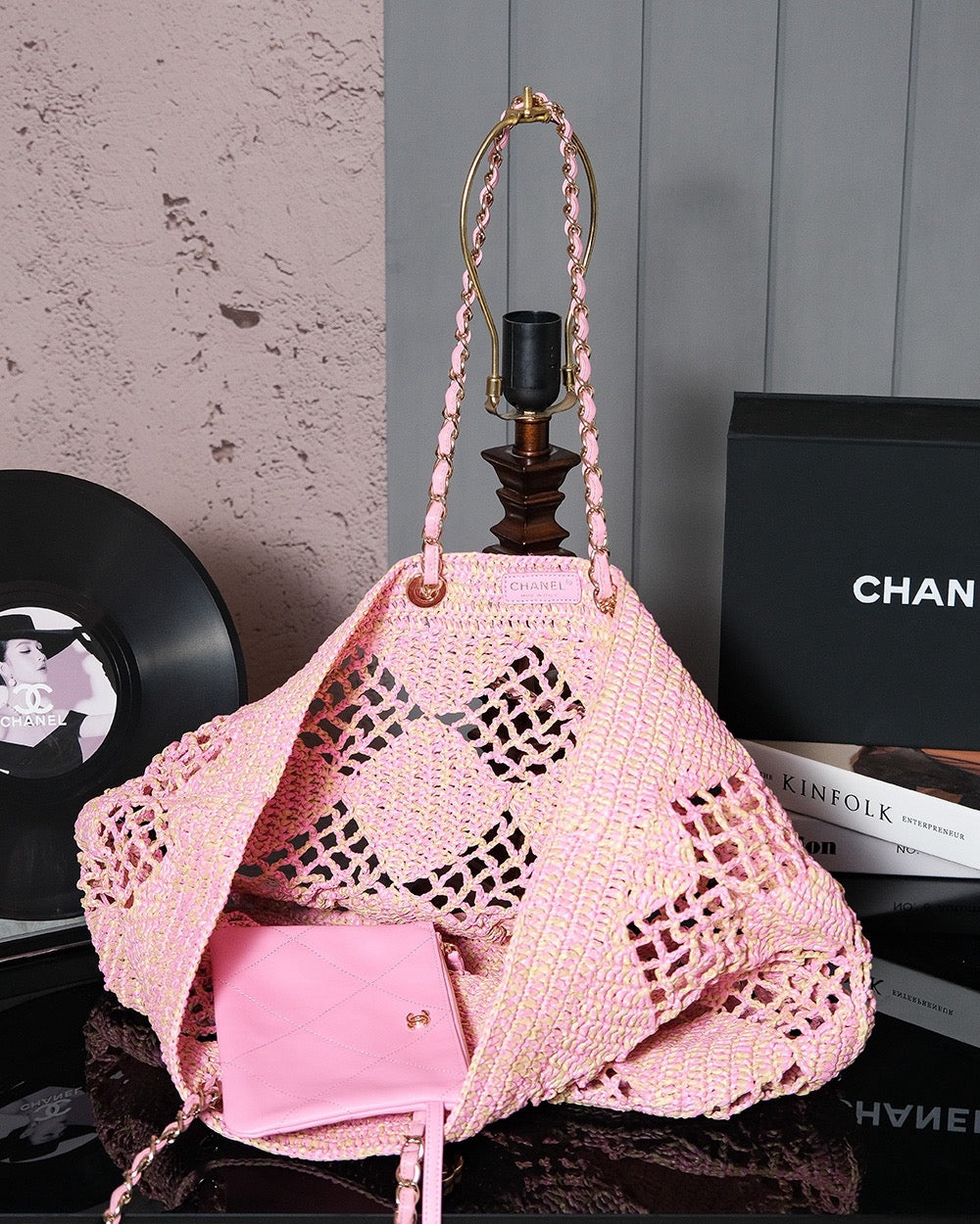 CHANEL coco beach bag 51cm pink raffia