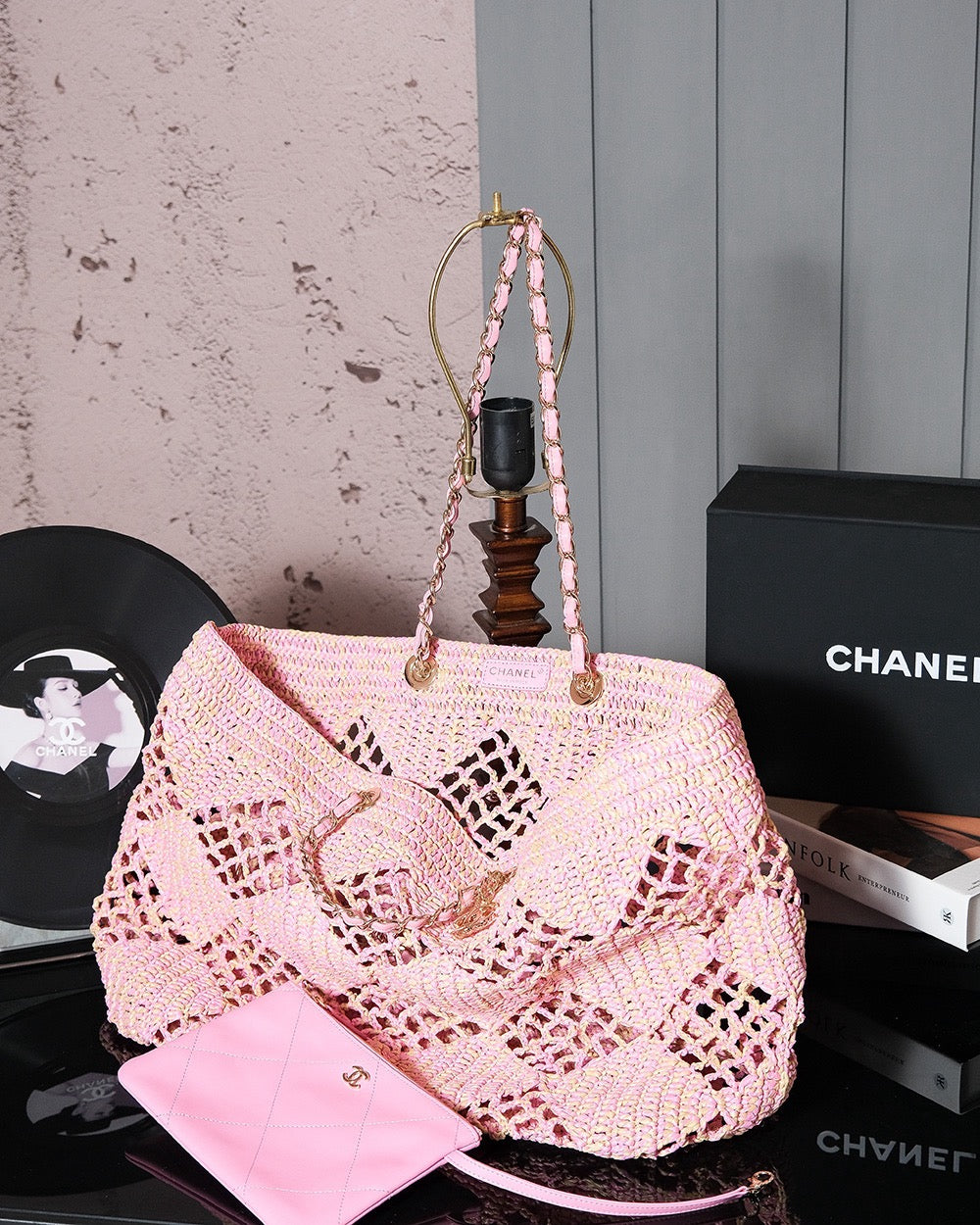 CHANEL coco beach bag 51cm pink raffia