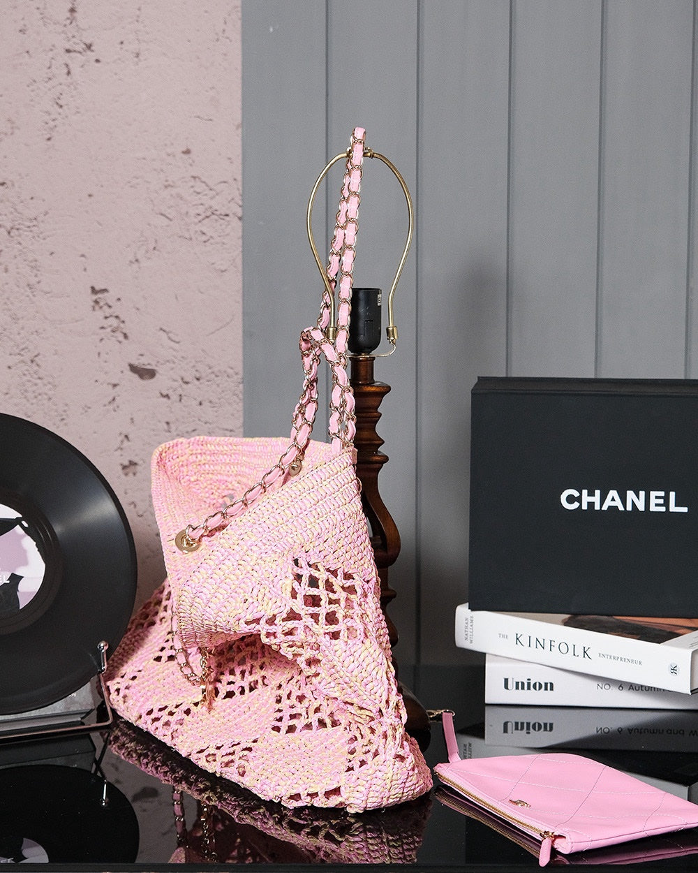 CHANEL coco beach bag 51cm pink raffia
