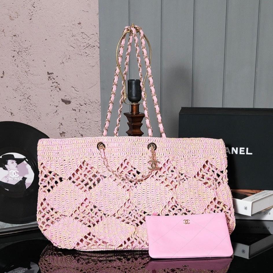 CHANEL coco beach bag 51cm pink raffia