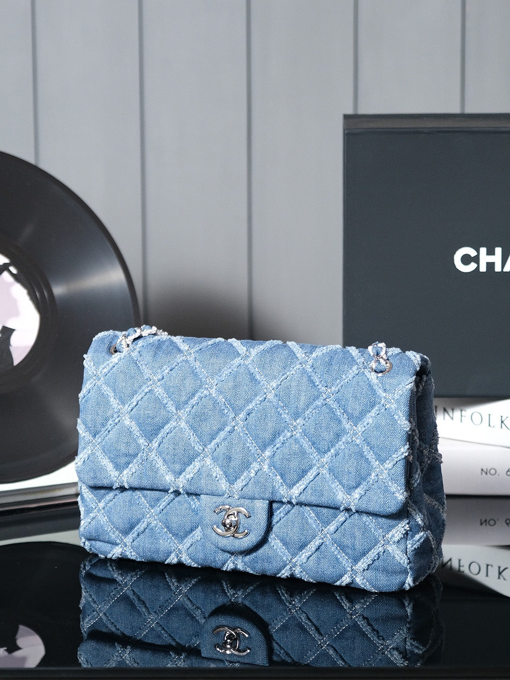 CHANEL 24S Flap Bag 25.5cm Blue Quilted Denim