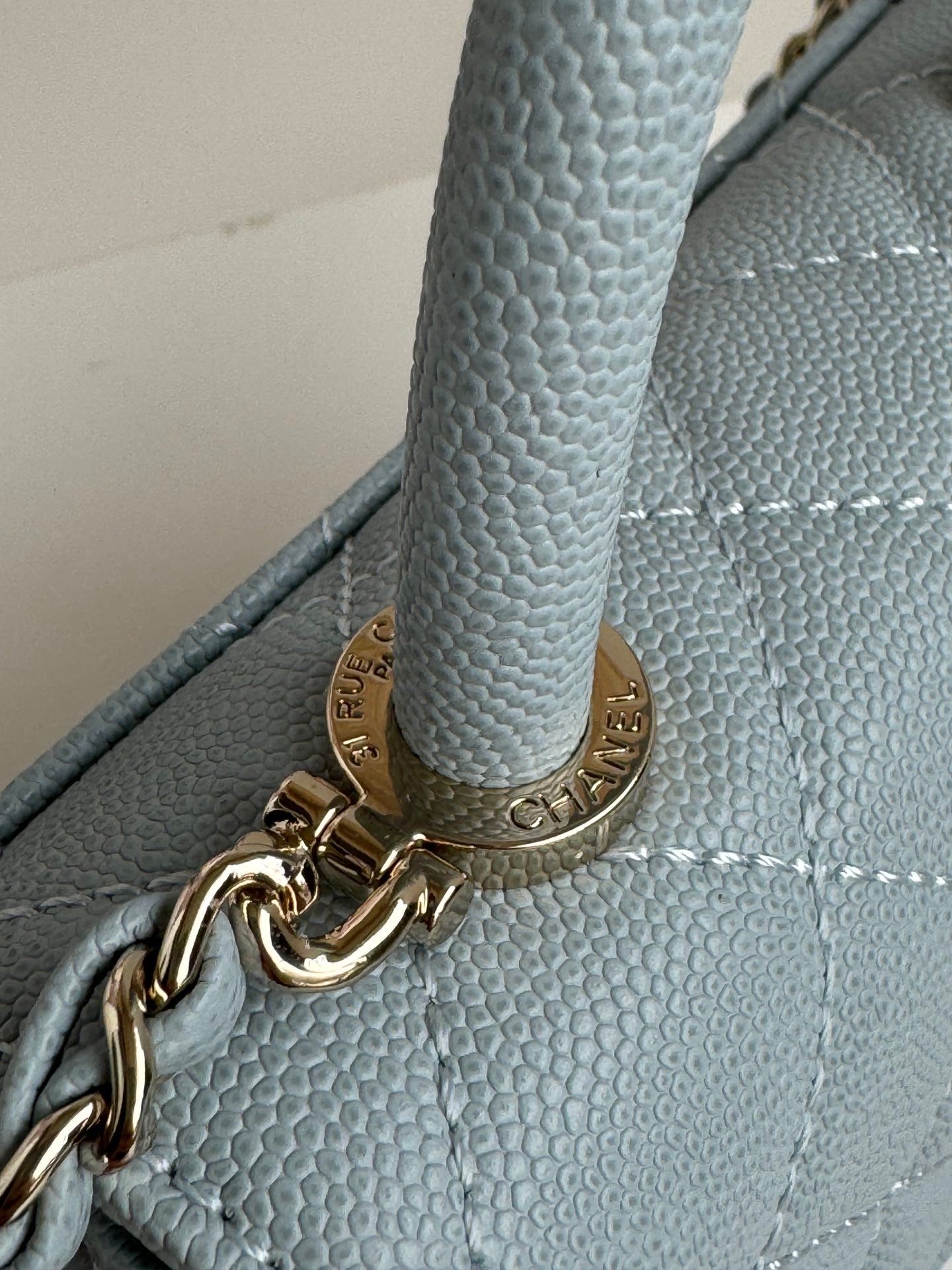 CHANEL 24K Coco Handle Nano 14.5cm Cloud Blue Grained Calfskin Gold Hardware