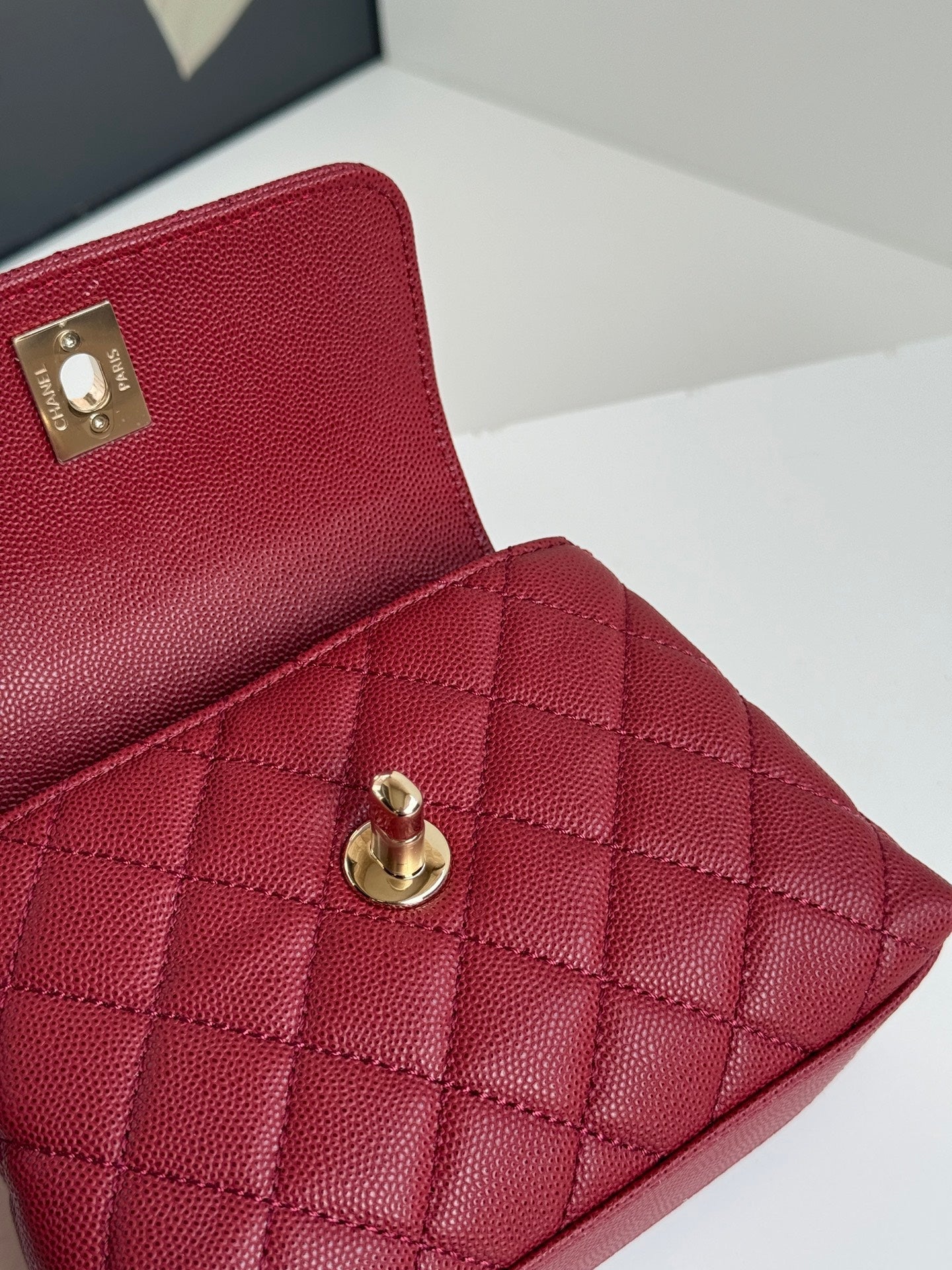CHANEL 24K Coco Handle Nano 14.5cm Burgundy Grained Calfskin Gold Hardware