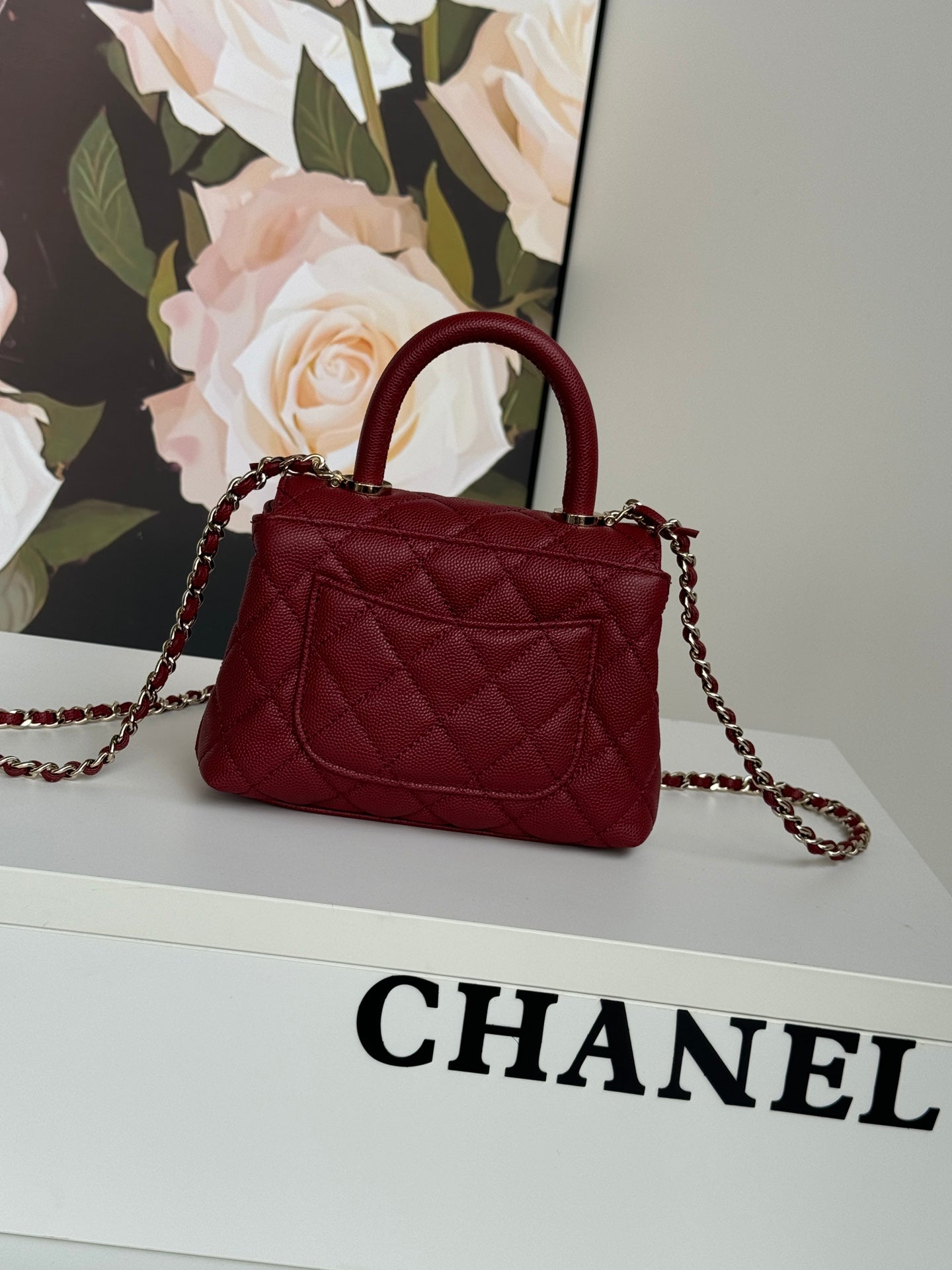 CHANEL 24K Coco Handle Nano 14.5cm Burgundy Grained Calfskin Gold Hardware