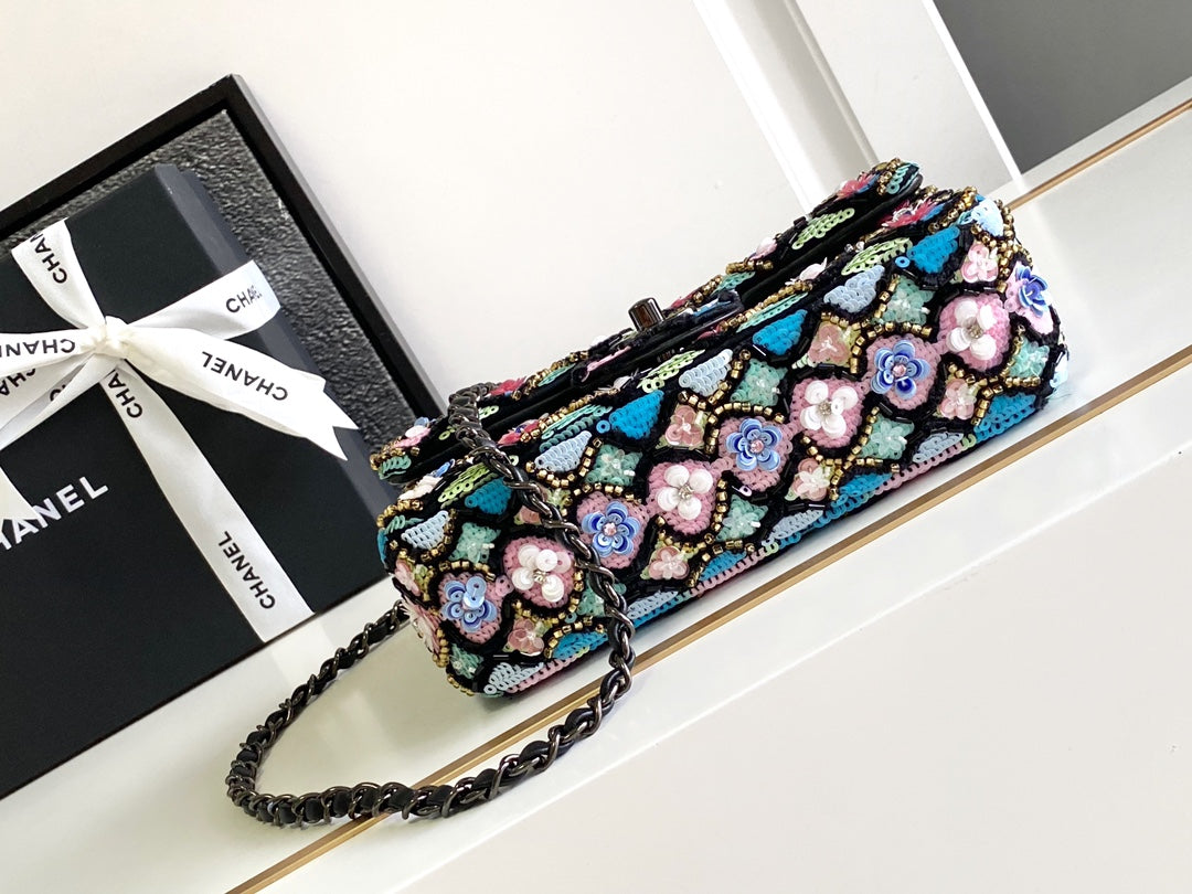 CHANEL 24a Flap Bag 20cm Sequin Satin Black Hardware