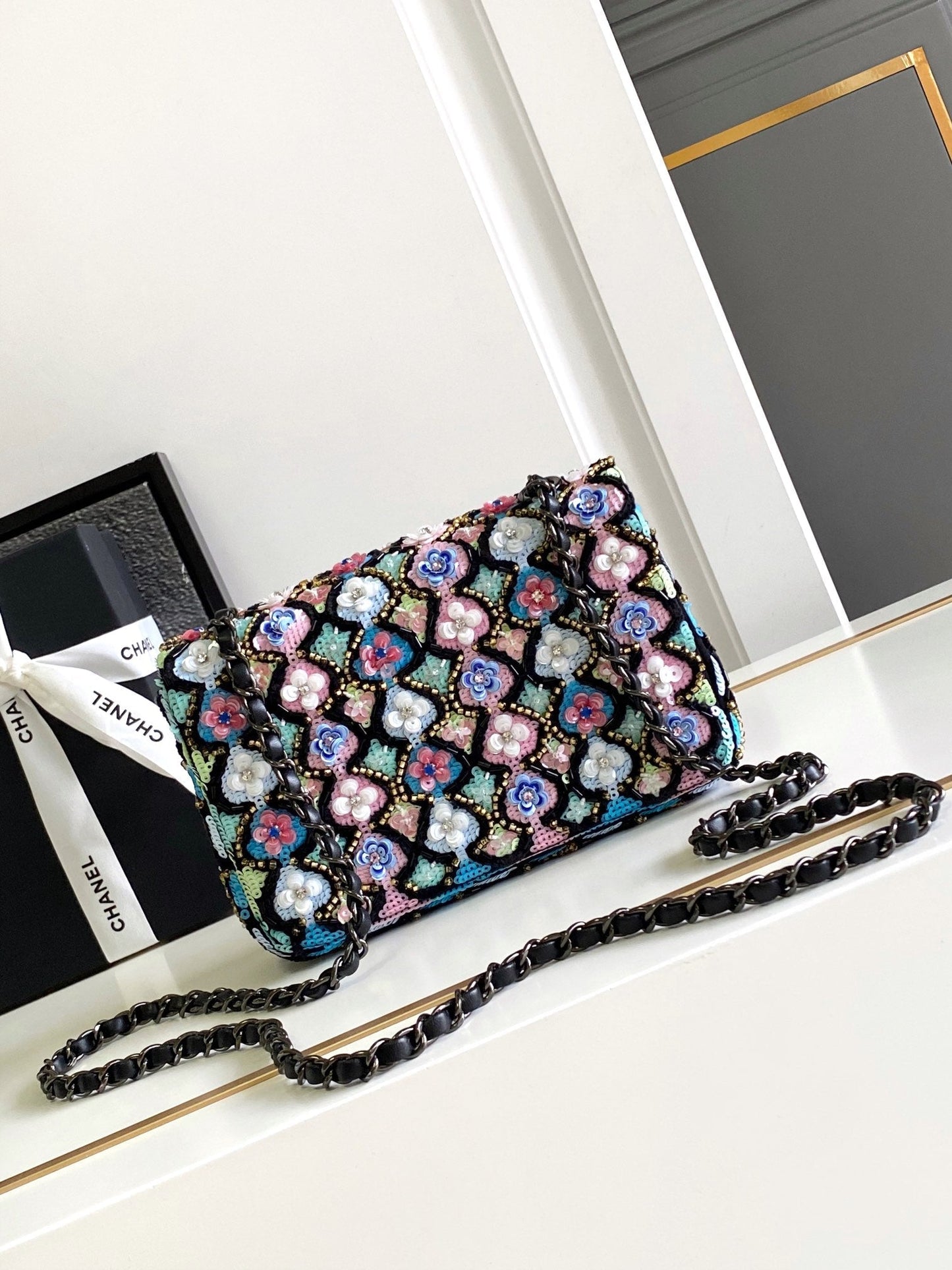 CHANEL 24a Flap Bag 20cm Sequin Satin Black Hardware