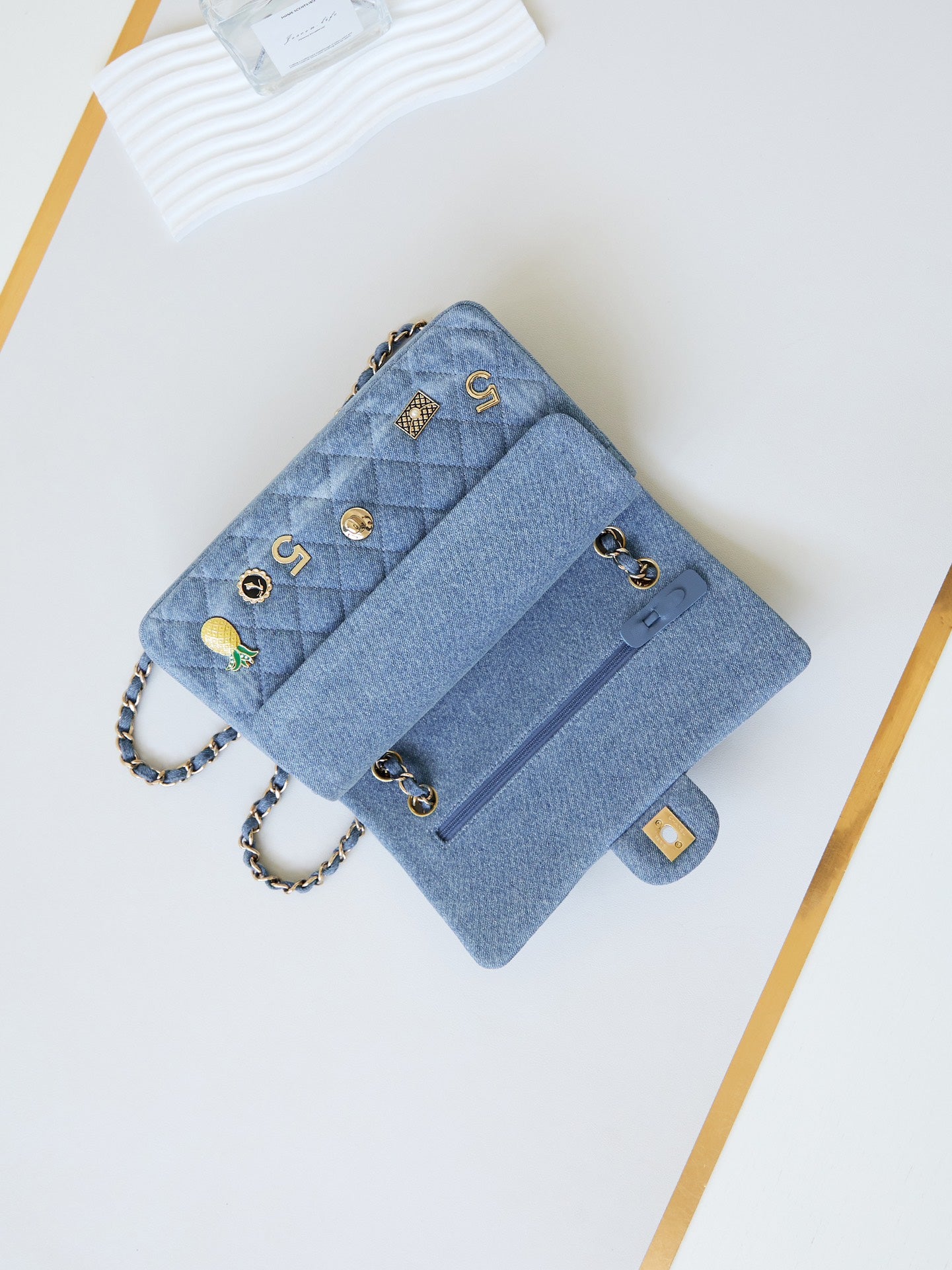CHANEL 24K Flap Bag 20cm Multi Charm Blue Denim Gold Hardware