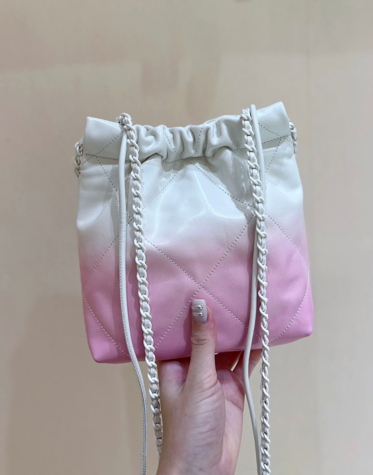 CHANEL cc22 mini hobo bag 20cm pink white lambskin silver hardware