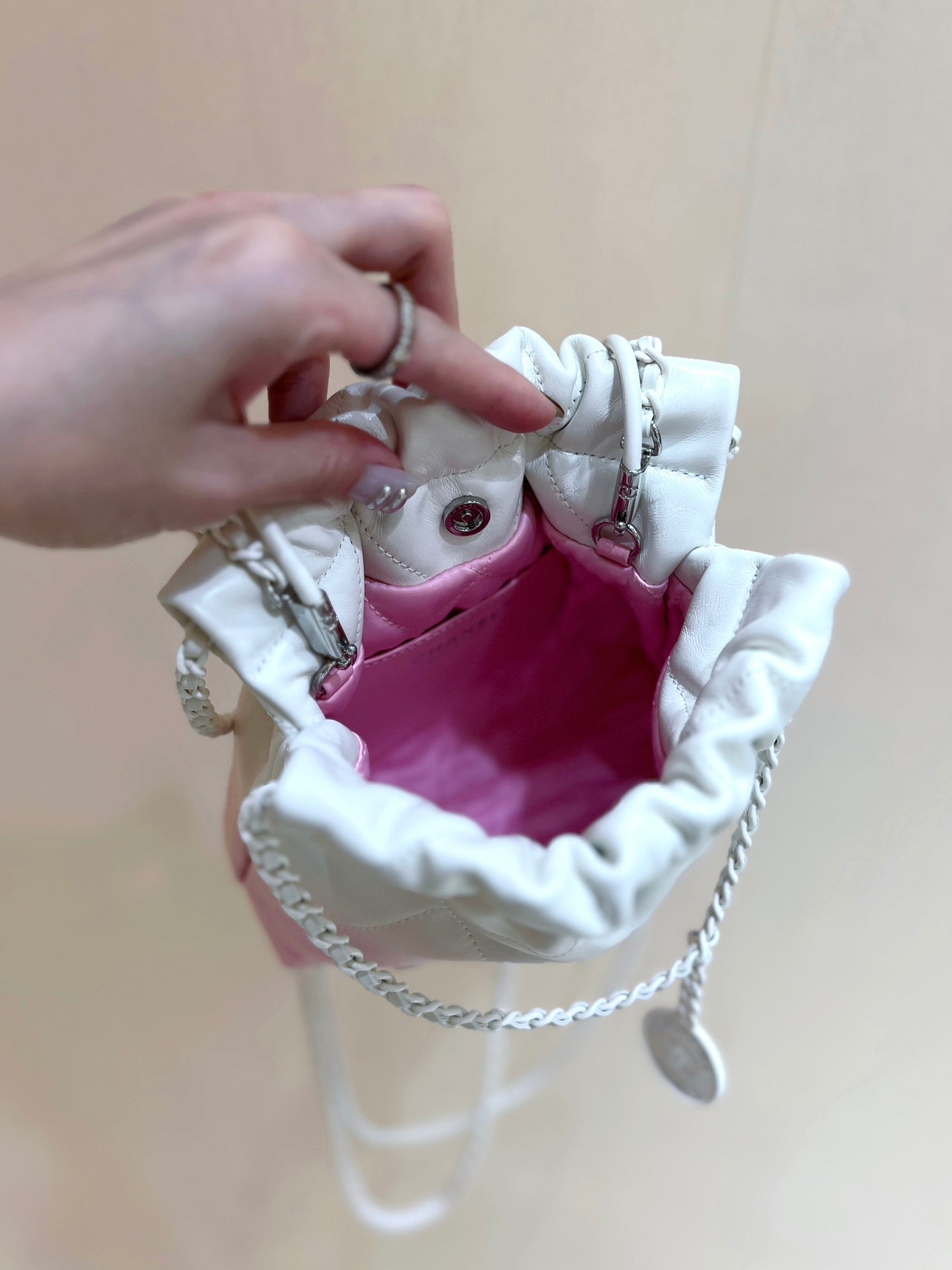 CHANEL cc22 mini hobo bag 20cm pink white lambskin silver hardware