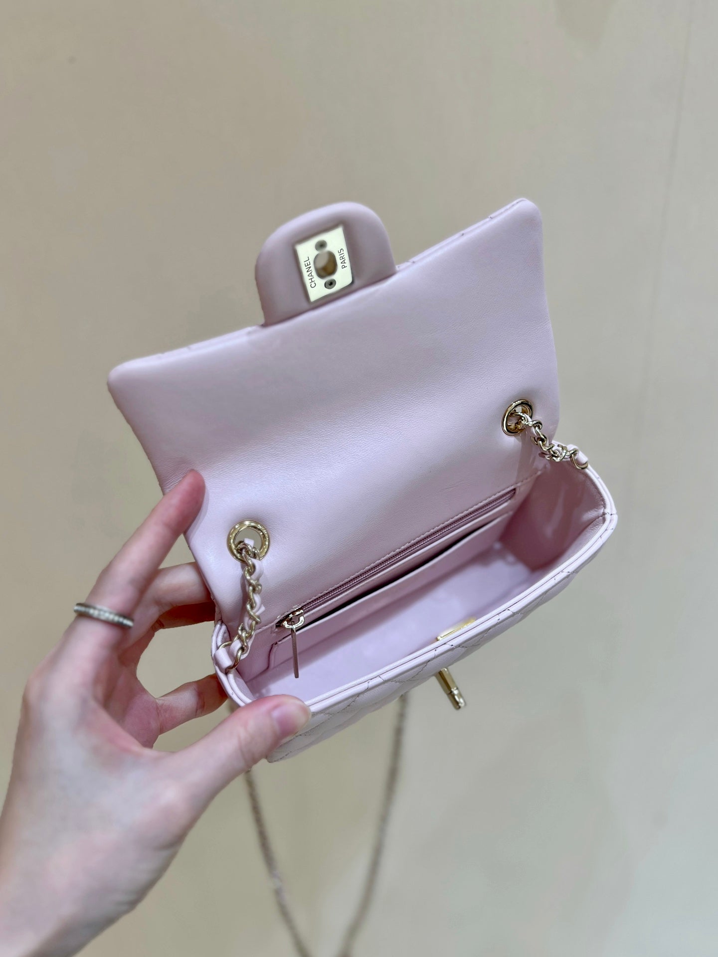 CHANEL 24K Mini Flap Bag 18cm Light Pink Lambskin Gold Hardware