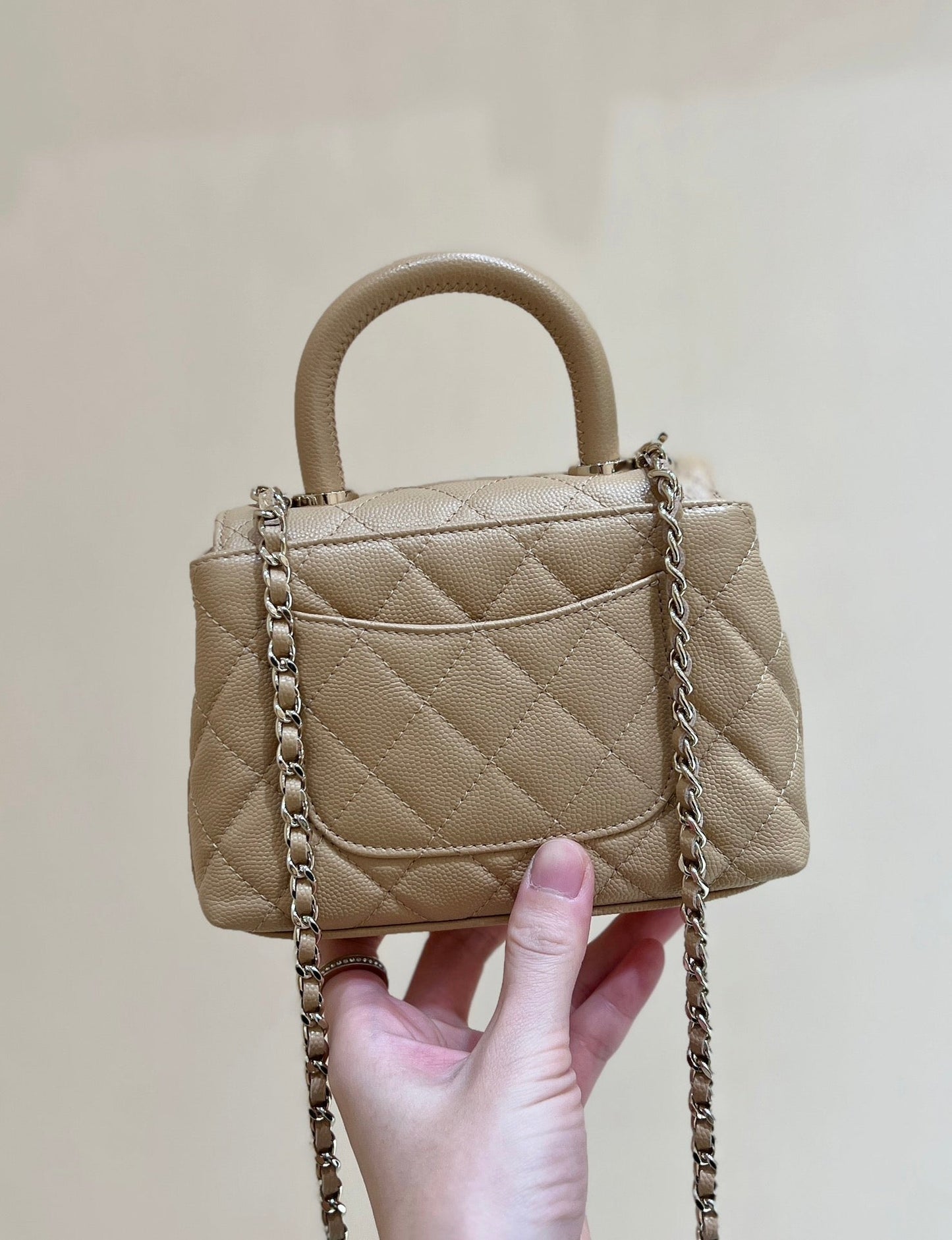 CHANEL 24K Coco Hanle Nano 18cm Beige Grained Calfskin Gold Hardware