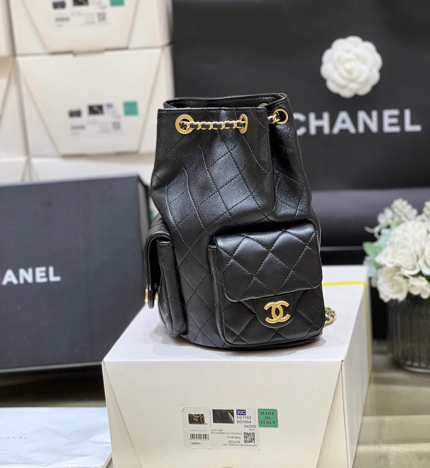CHANEL 25C Backpack 18cm Black Calfsin Gold Hardware