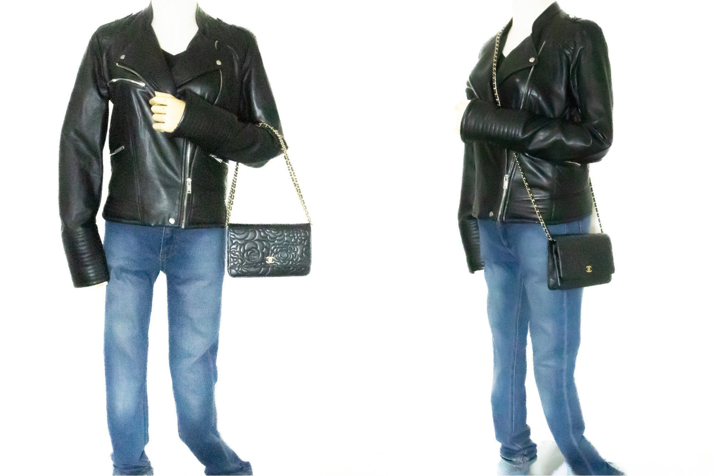 CHANEL Black Camellia Embossed Wallet On Chain WOC Shoulder Bag k53