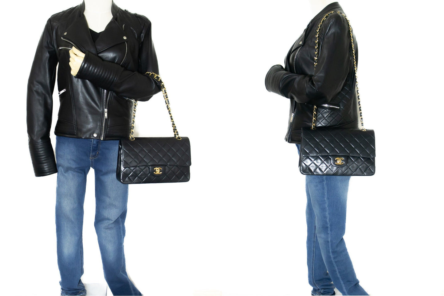 CHANEL Classic Double Flap 10" Chain Shoulder Bag Black Lambskin k69