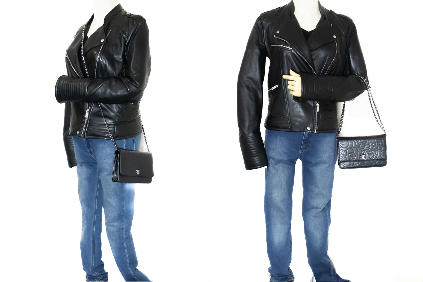 CHANEL Black Camellia Embossed Wallet On Chain WOC Shoulder Bag k68