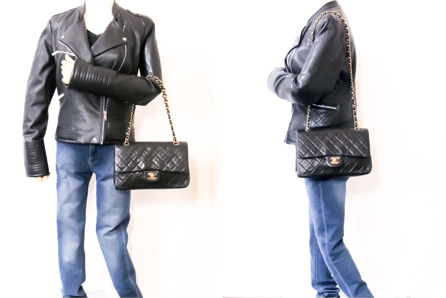 CHANEL Classic Double Flap 10" Chain Shoulder Bag Black Lambskin i68